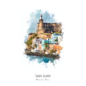 San Juan Puerto Rico Watercolor Art Print - Cityscape Wall Art Home Decor - Old San Juan Skyline Travel Gift