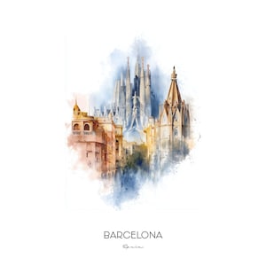 Barcelona Spain Watercolor Art Print - Cityscape Wall Art - Travel Gift Home Decor Sagrada Familia Cathedral