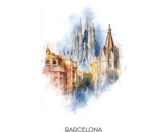 Barcelona Spain Watercolor Art Print - Cityscape Wall Art - Travel Gift Home Decor Sagrada Familia Cathedral