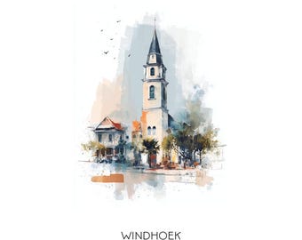 May include: A watercolor painting of a church with a tall steeple in Windhoek, Namibia.