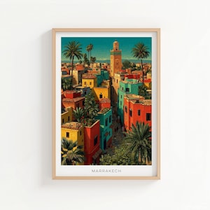 Marrakech Medina Vintage Travel Poster - Morocco Art Deco Print - Souk Bazaar Wall Art - Mediterranean Home Decor