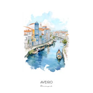 Aveiro Portugal Watercolor Art Print - Cityscape Landscape Wall Art Home Decor Travel Gift