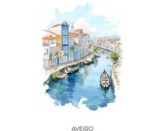 Aveiro Portugal Watercolor Art Print - Cityscape Landscape Wall Art Home Decor Travel Gift