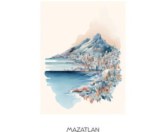 Mazatlan Mexico Watercolor Art Print - Coastal Cityscape Wall Art - Home Decor Travel Gift El Faro Lighthouse Landscape