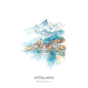 Interlaken Switzerland Watercolor Art Print - Scenic Landscape Wall Art Home Decor Travel Gift