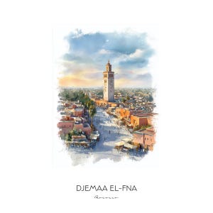 May include: Watercolor painting of Djemaa el-Fna in Morocco. The artwork depicts a tall minaret and surrounding buildings in shades of orange and brown. The sky is a mix of blue and yellow.