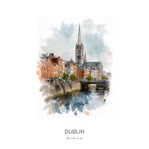 Dublin Ireland Watercolor Art Print - City Skyline Wall Art Home Decor - Travel Gift Trinity College Temple Bar Landmarks