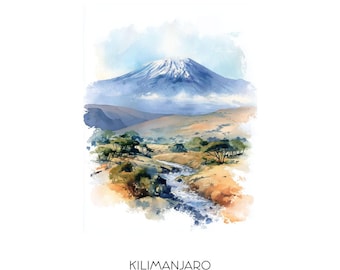 Lámina artística en acuarela del Kilimanjaro de Tanzania - Arte mural paisajístico para la decoración del hogar: horizonte del monte Kilimanjaro