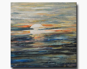 Large Abstract Ocean Sun Painting: Textured Acrylic Canvas Art (36" x 36")