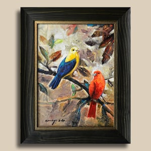 Original Abstract Acrylic Contemporary Framed Birds Painting On Canvas. Forest Decor Art for Home or Office By Kanayo Ede. 16&quot; x 20&quot;