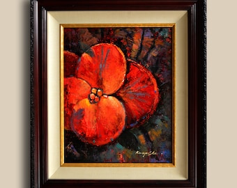 Framed Abstract Red Flower Oil Painting: Textured Floral Wall Art (16" x 20")