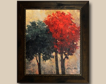Framed Landscape Acrylic Painting: Red Green Trees Impressionist Art (20" x 24")