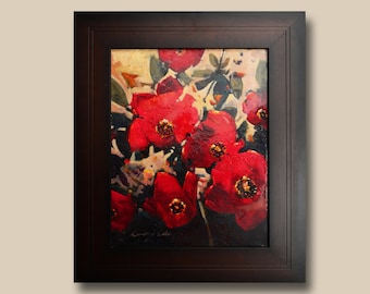 Original Abstract Red Flower Acrylic Painting On Canvas - Framed Floral Wall Art