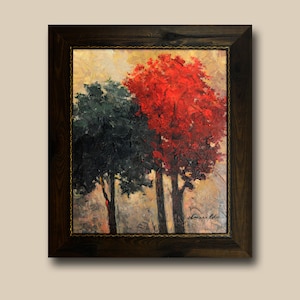 Framed Landscape Acrylic Painting: Red Green Trees Impressionist Art (20&quot; x 24&quot;)