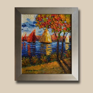 Original Canvas Oil Coastal Painting with Boats. Framed Seascape Modern Art. Impasto signed by Kanayo Ede. 20&quot; x 24&quot;