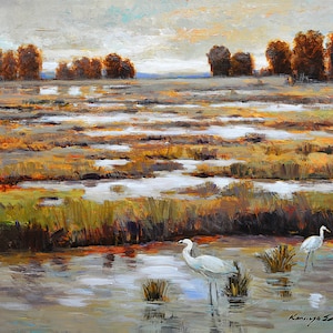 Swamp Landscape Painting: Egrets and Swans, Low Country Art (30in x 40in)