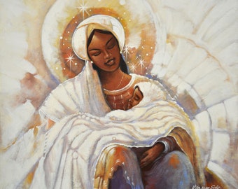 Mother and Child Black Madonna Painting Print on Canvas. Inspirational, Religious Art. African American Art signed by Kanayo Ede. 24" x 20"