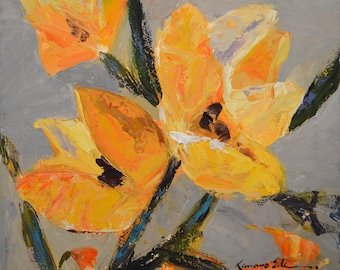 Contemporary abstract yellow flowers painting, floral art print on canvas.