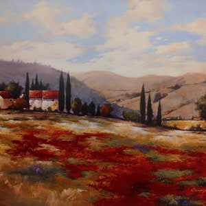 Art lithograph print for walls on cardstock paper, horizontal Italian Tuscany landscape scenery. 24 x 30
