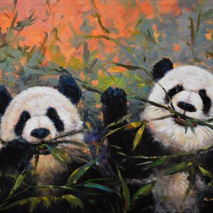 Panda bamboo art giclee print on canvas. animals art, wildlife painting, Chinese Asian decor