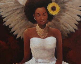 African American Angel Print on Canvas: Signed Religious Art (24" x 36")