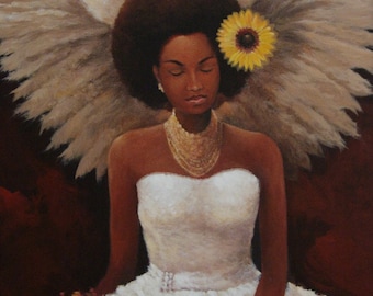 Spiritual Art. Angel Paintings Print on Canvas. Inspirational, Religious Art. African American Art signed by Kanayo Ede. 24" x 36"