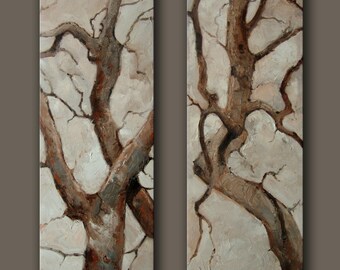 A pair of monotone tree branches original acrylic paintings on canvas