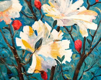 White flowers on turquoise background floral painting art print on canvas.