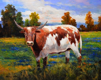 Texas longhorn ranch cattle with blue bonnets landscape original acrylic painting on canvas. 30in x 40in