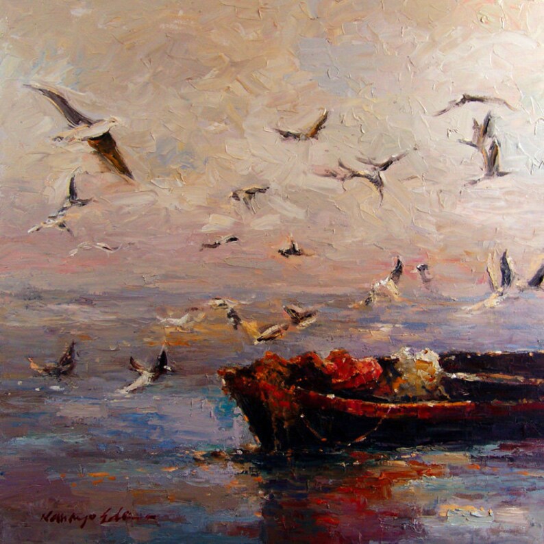 May include: A painting of a red wooden boat with a white sail, floating on a calm body of water. The sky is a soft pink and gray with many white birds flying overhead.