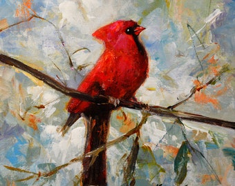 Red Cardinal Bird and Flowers Art Print on Canvas