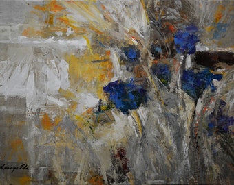 Large Original Abstract Blue Flower/Floral Acrylic Painting On canvas. 36IN X 48IN