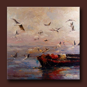 May include: A painting of a red boat with a dark brown hull, floating on a calm sea with a flock of seagulls flying overhead. The sky is a soft, pale blue with hints of pink and white clouds. The painting has a textured, brushstroke style.