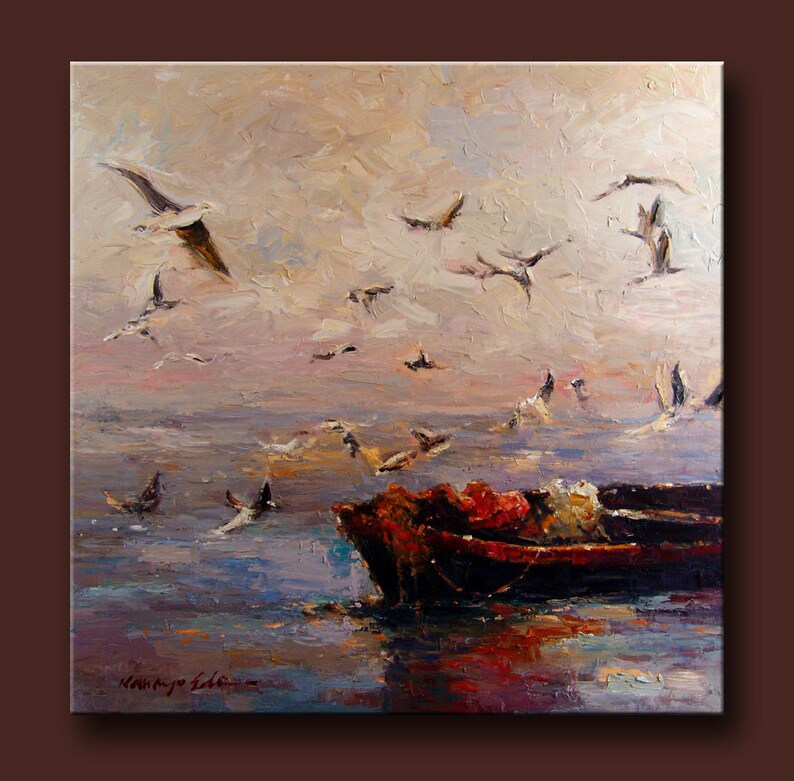 Original acrylic painting of boats with birds on the sea painting on canvas. 36in x 36in image 2