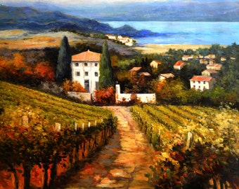 May include: A painting of a white house with a red roof on a hillside overlooking a blue lake. The house is surrounded by green vineyards and trees. The sky is blue with white clouds.