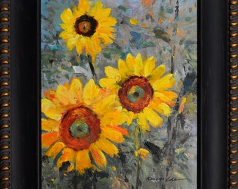 Framed Sunflower Acrylic Painting: Abstract Floral Wall Art (16" x 20")