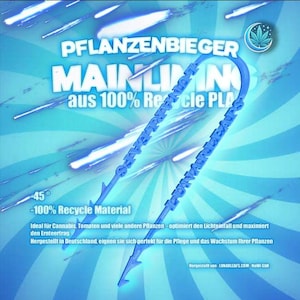 Könnte beinhalten: Blaues Plastik-Pflanzenbiegewerkzeug mit dem Text "PFLANZENBIEGER MAINLIN aus 100% Recycle PLA" und "45° -100% Recycle Material".