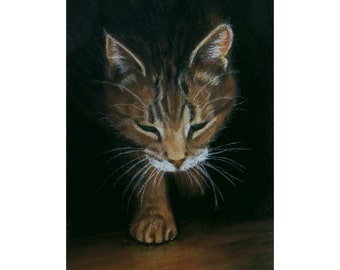 Tabby cat coming out of shadows portrait pastel matted and framed kmcoriginals