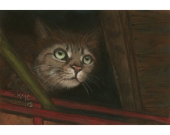 Tabby cat in shadows portrait pastel matted and framed kmcoriginals