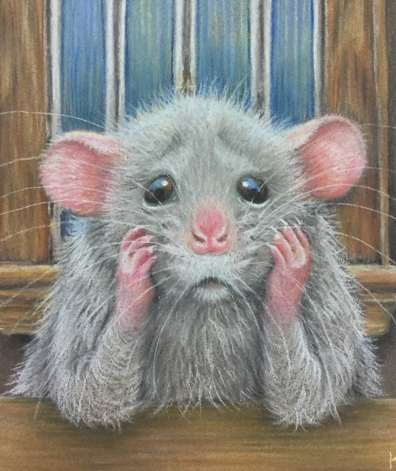 Sad rat by window matted and framed pastel kmcoriginals image 3