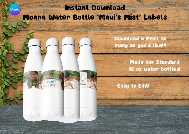 May include: Four white water bottles with black lids and labels featuring characters and the text "Maui's Mist" from the movie Moana. The text "Instant Download" and "Made for Standard 473 ml water bottles!" are also visible.