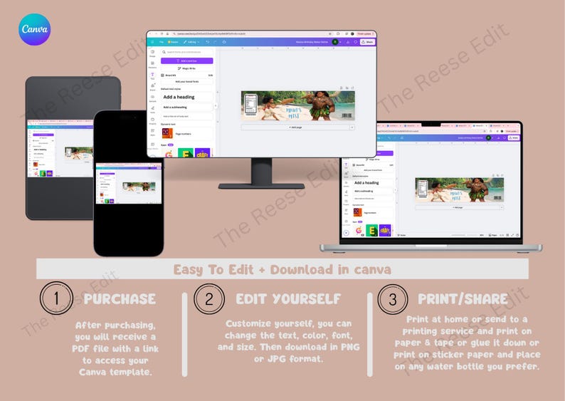 May include: A digital design template displayed on a computer monitor, tablet, and smartphone. The image shows a Canva template with text and graphics. Instructions are provided for editing and printing the design.