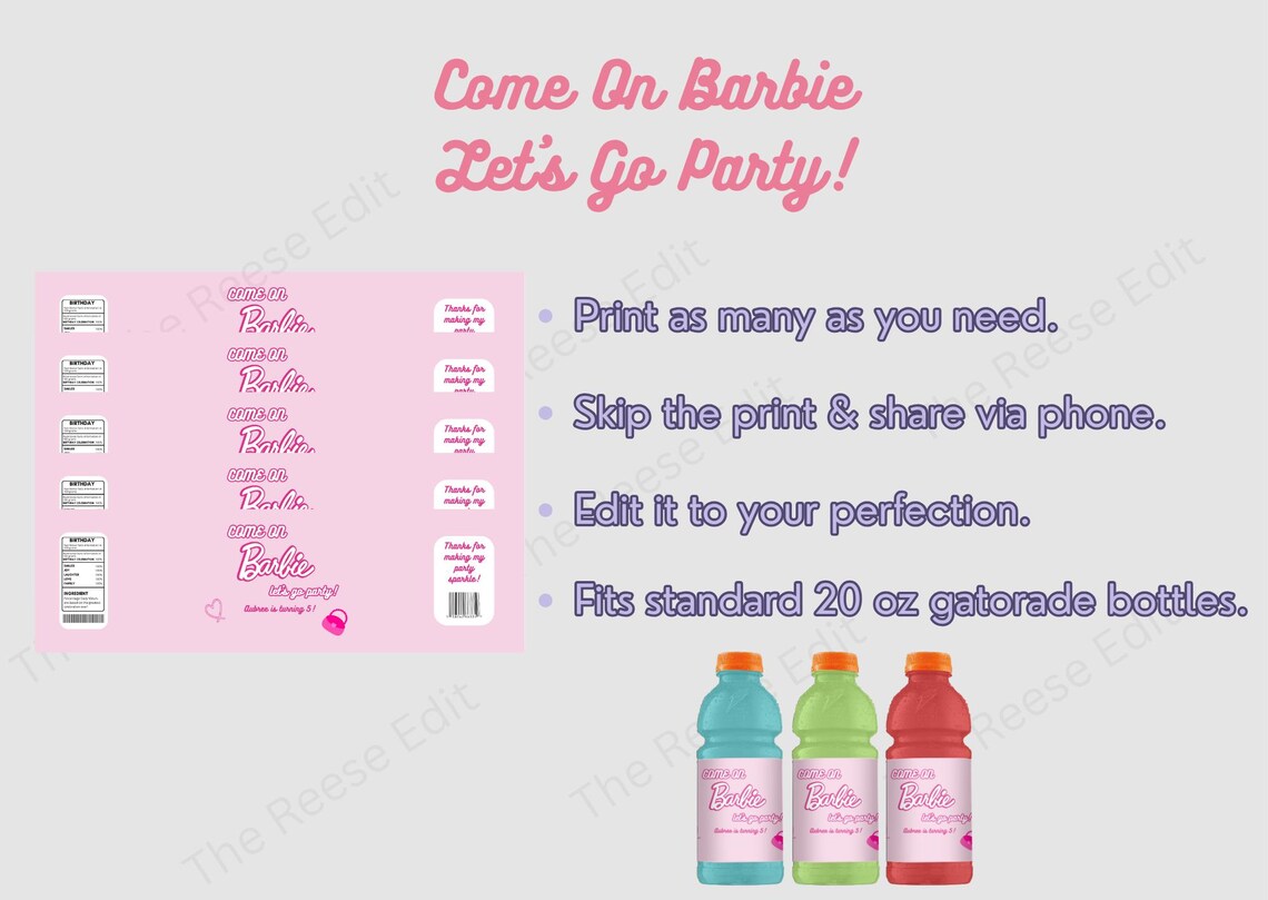 Editable Barbie Gatorade Bottle Labels: Birthday Party Decor (digital ...