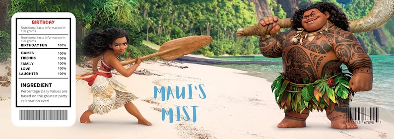 May include: An image from the animated film Moana, featuring characters on a beach. A label with "BIRTHDAY" and nutritional information is present. The text "MAUI'S MIST" is also visible. The scene is set on a sandy beach.