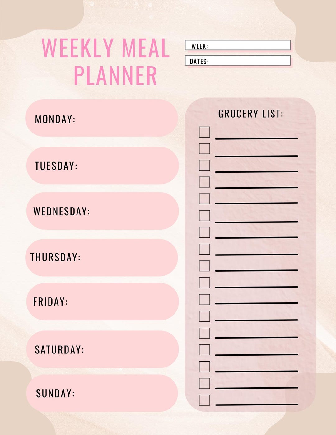 Printable Weekly Meal Planner: Minimalist Design (PDF Download) - Etsy