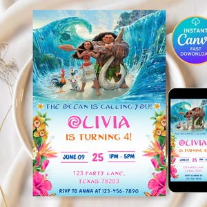 May include: A digital invitation featuring characters from a popular animated movie, with a vibrant ocean wave backdrop. The text reads "The Ocean is Calling You! @LIVIA IS TURNING 4!" with event details. A phone displays the invitation.
