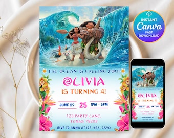 Editable Moana Birthday Invitation | Kids Theme Party Invitation Template | Digital Hawaiian Moana Birthday Invite | Instant Download