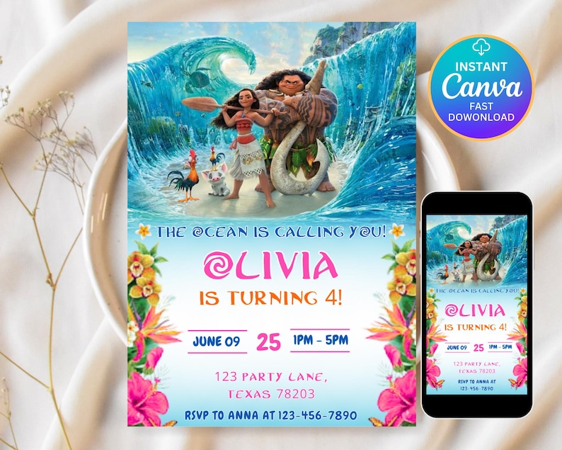 May include: A digital invitation featuring characters from a popular animated movie, with a vibrant ocean wave backdrop. The text reads "The Ocean is Calling You! @LIVIA IS TURNING 4!" with event details. A phone displays the invitation.