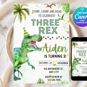 Dinosaur Birthday Invitation, Three-rex Invitation, 3 Rex Birthday Party, Dinosaur Party Invite Template, Canva Editable Invitation