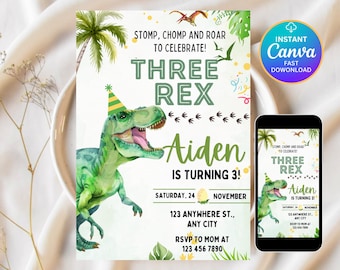 Verjaardagsuitnodiging dinosaurus, uitnodiging Three-rex, verjaardagsfeestje 3 Rex, sjabloon dinosaurusfeest uitnodiging, bewerkbare Canva-uitnodiging